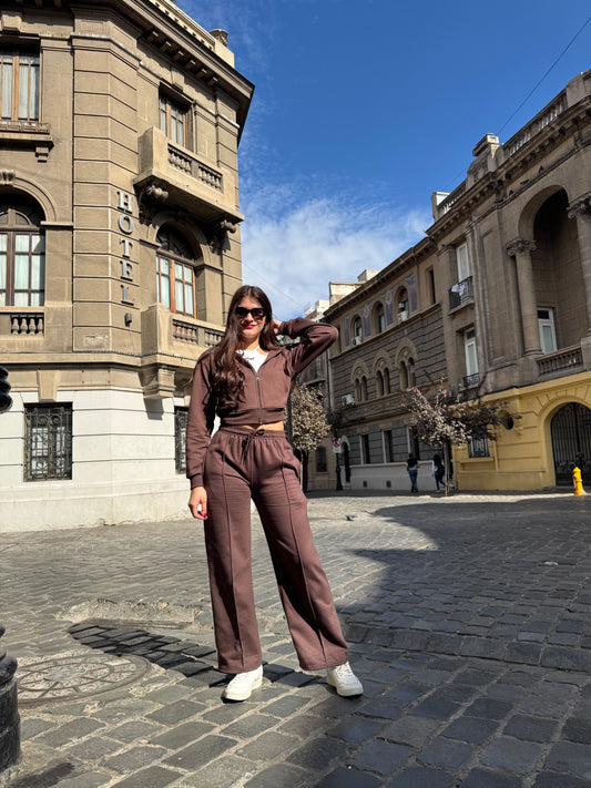 Conjunto Algodón Premium: Polerón con Cierre y Palazzo Marrón 🤎